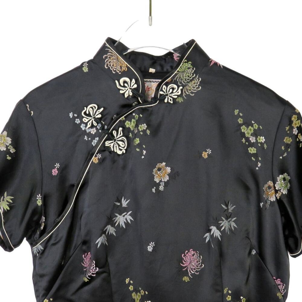 1980s Japenese Vintage Traditional Cheongsam Kimono Dress Black Floral Large - Picture 4 of 7